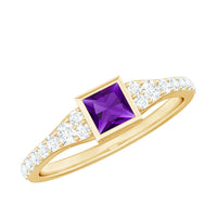 Rosec Jewels 1 Carat bezel set amethyst solitaire promise ring with diamond, showcasing a purple amethyst centerpiece and elegant band.