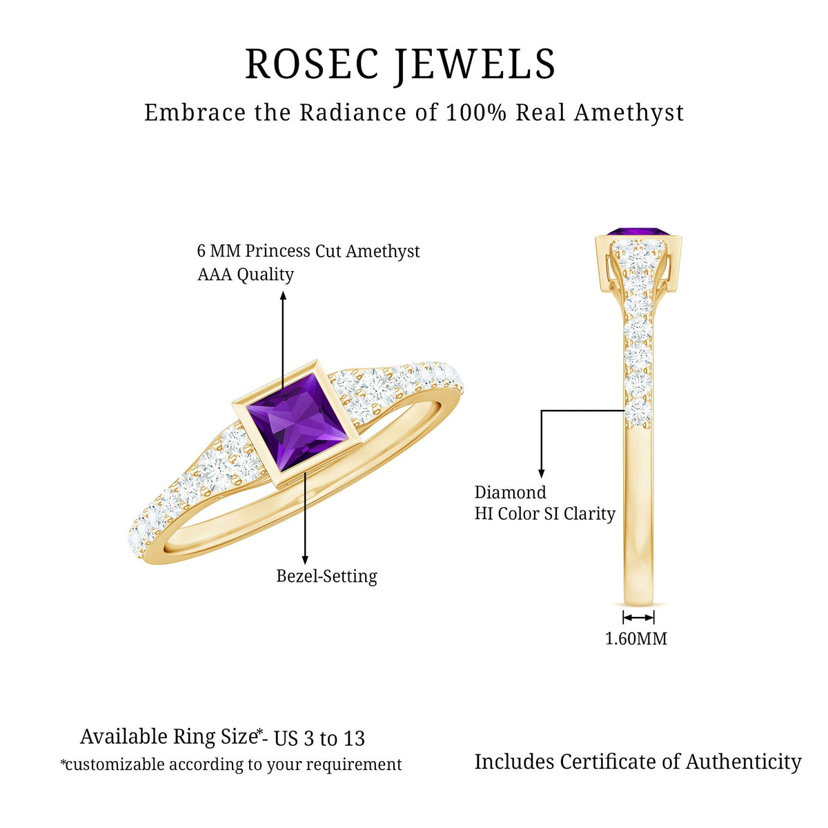 Rosec Jewels 1 Carat Bezel Set Amethyst Solitaire Promise Ring with Diamond, showcasing the ring's amethyst center stone and elegant design.