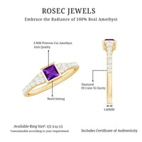 Rosec Jewels 1 Carat Bezel Set Amethyst Solitaire Promise Ring with Diamond, showcasing the ring's amethyst center stone and elegant design.