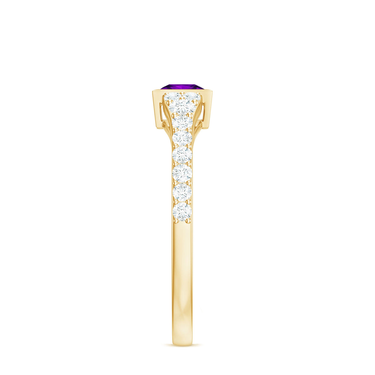 Bezel set 1 carat amethyst solitaire promise ring with diamond accents from Rosec Jewels, showcasing a elegant ring design.