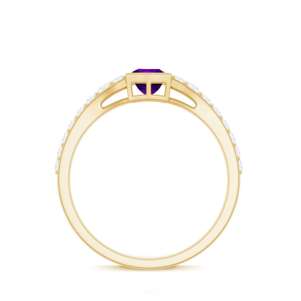Bezel set 1 carat amethyst solitaire promise ring with diamond detail from Rosec Jewels, featuring a silver band and elegant design.