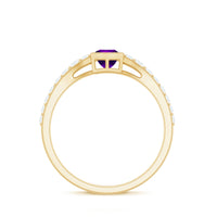 Bezel set 1 carat amethyst solitaire promise ring with diamond detail from Rosec Jewels, featuring a silver band and elegant design.
