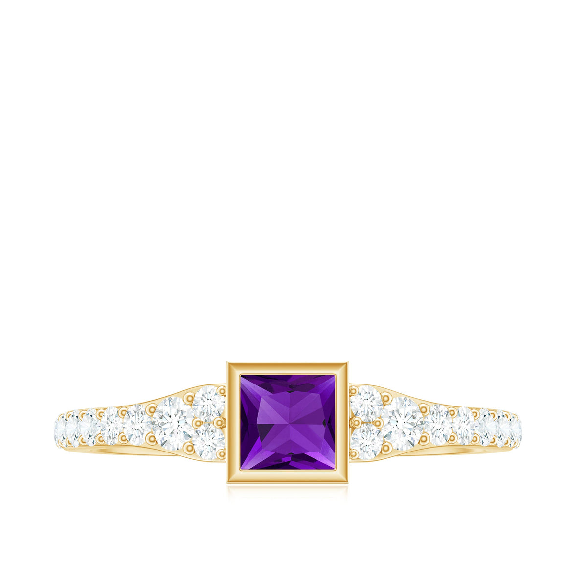 Bezel set 1 carat amethyst solitaire promise ring with diamond accent by Rosec Jewels, showcasing a purple gemstone and elegant design.