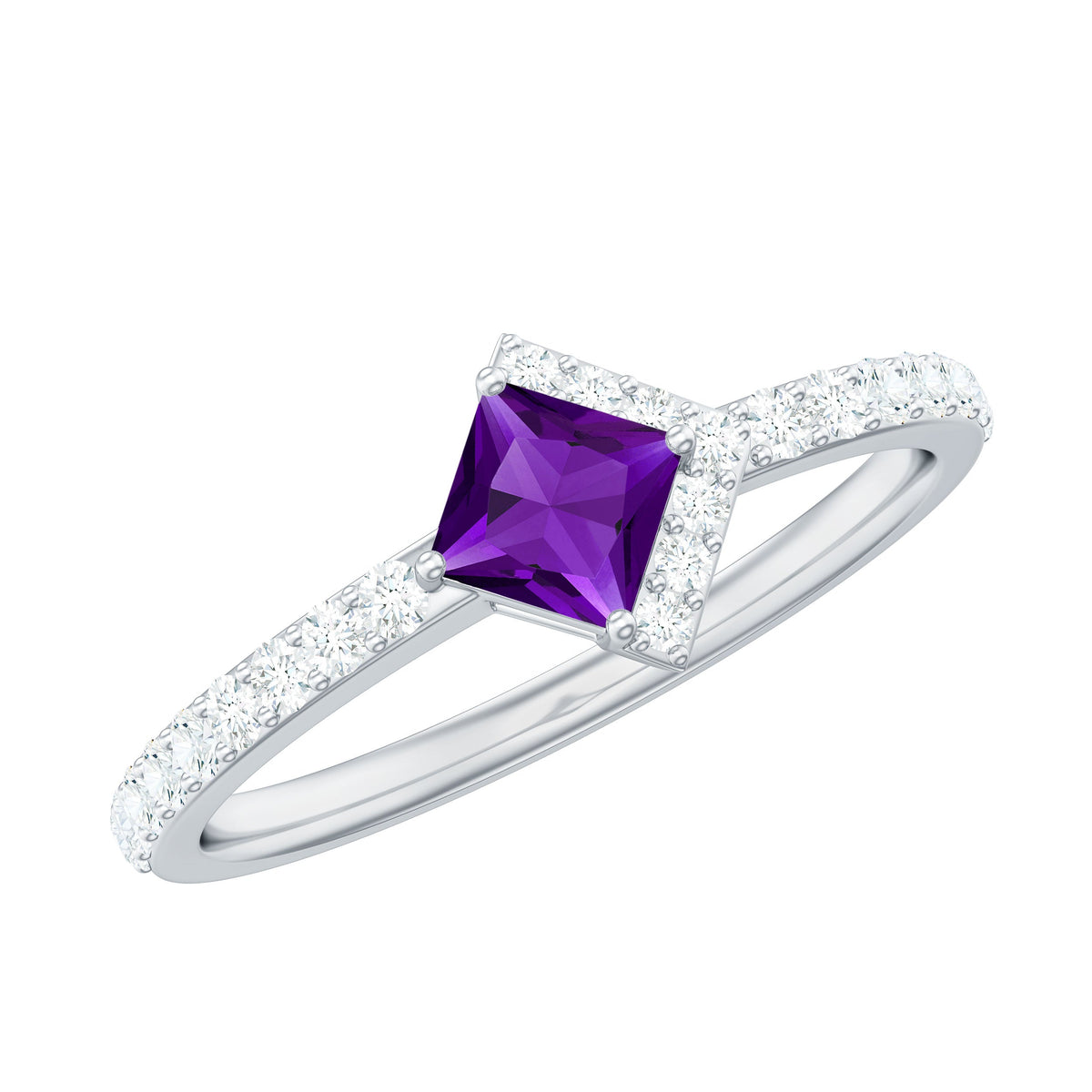 Certified 1.2 Carat Amethyst princess cut engagement ring with diamond accents from Rosec Jewels, featuring a sleek silver band.