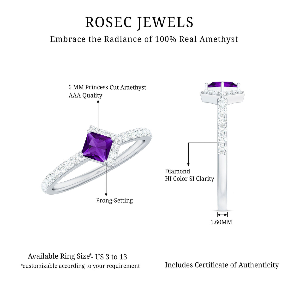 Certified 1.2 Carat Amethyst princess cut engagement ring with diamond accents from Rosec Jewels, showcasing the elegant ring design.