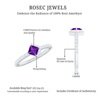 Certified 1.2 Carat Amethyst princess cut engagement ring with diamond accents from Rosec Jewels, showcasing the elegant ring design.