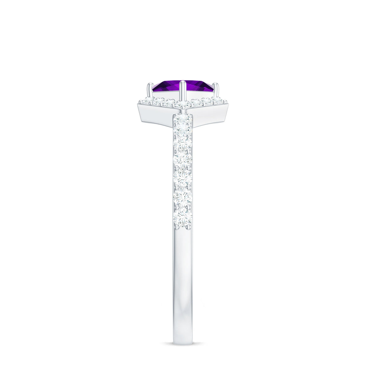 Certified 1.2 Carat Amethyst princess cut engagement ring with diamond accents from Rosec Jewels, showcasing the ring's detailed design.