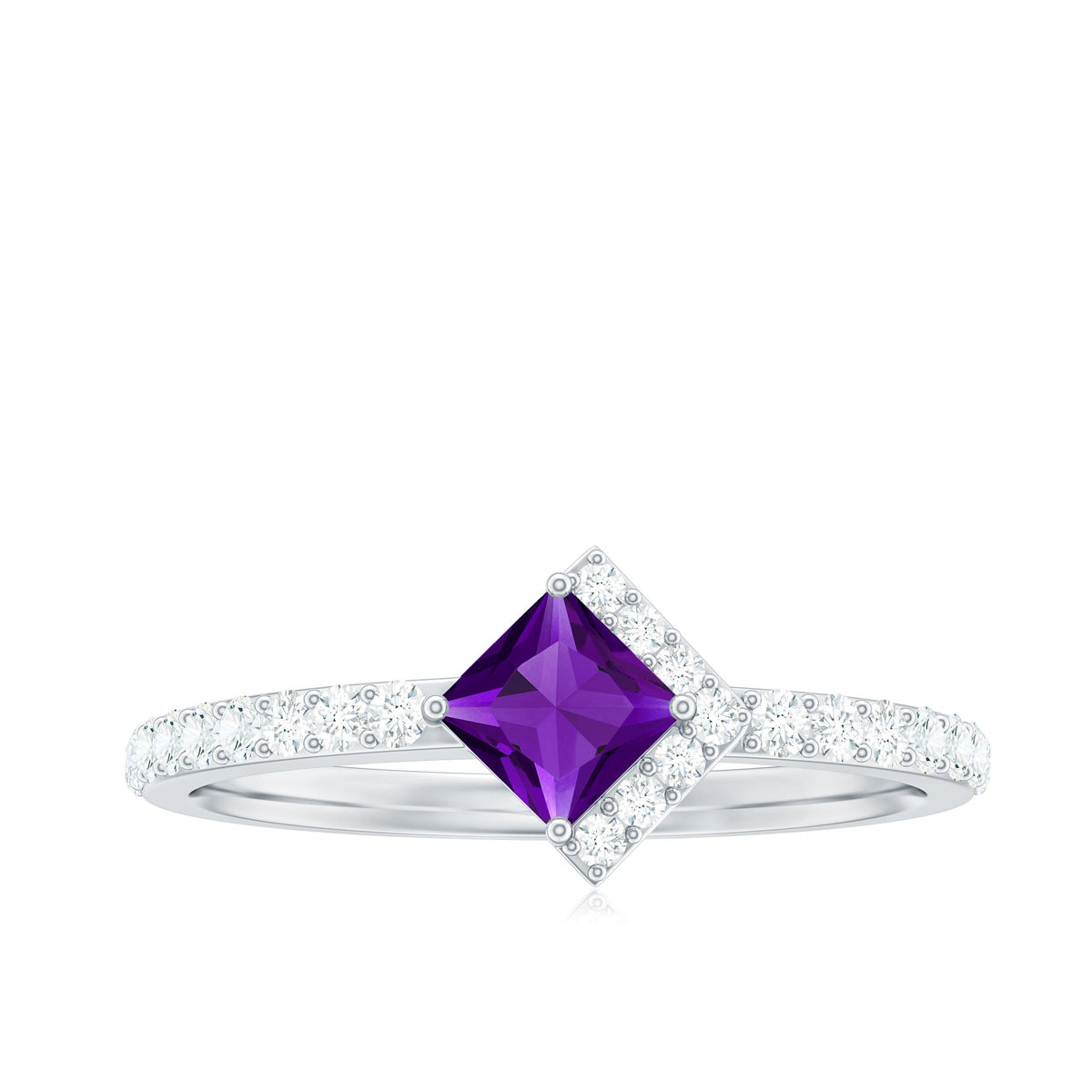 Certified 1.2 Carat Amethyst princess cut engagement ring with diamond accents, featuring a silver band and intricate details.