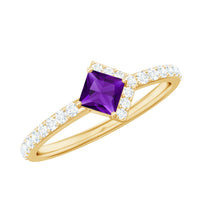 Certified 1.2 carat amethyst princess cut engagement ring with diamonds by Rosec Jewels, showcasing a stunning purple gemstone and elegant setting.