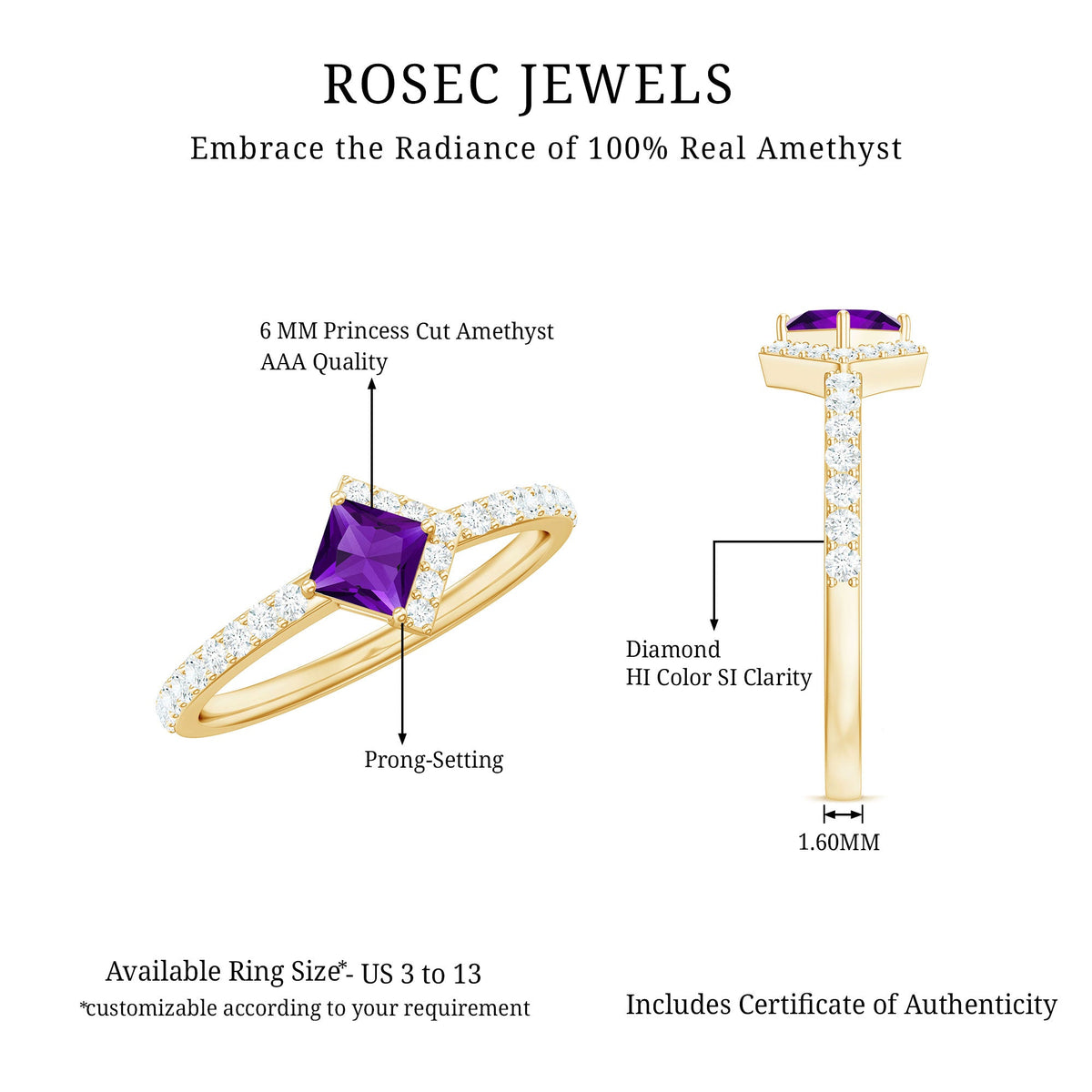 Certified 1.2 Carat amethyst princess cut engagement ring with diamond accents from Rosec Jewels, showcasing the detailed gemstone setting.