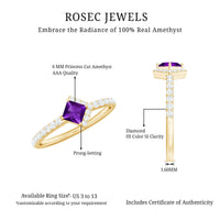 Certified 1.2 Carat amethyst princess cut engagement ring with diamond accents from Rosec Jewels, showcasing the detailed gemstone setting.