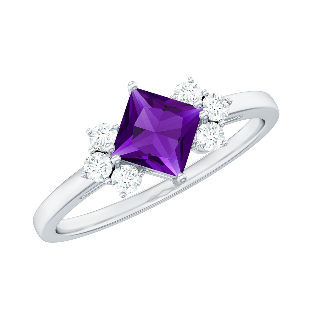Princess cut amethyst promise ring with diamond trio detail from Rosec Jewels, showcasing the elegant purple gemstone and sparkling diamonds.