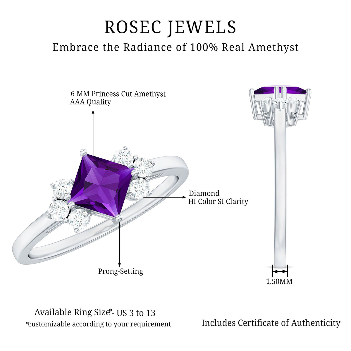 Princess cut amethyst promise ring with diamond trio from Rosec Jewels, featuring a central purple gemstone and three small sparkling diamonds.