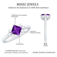 Princess cut amethyst promise ring with diamond trio from Rosec Jewels, featuring a central purple gemstone and three small sparkling diamonds.