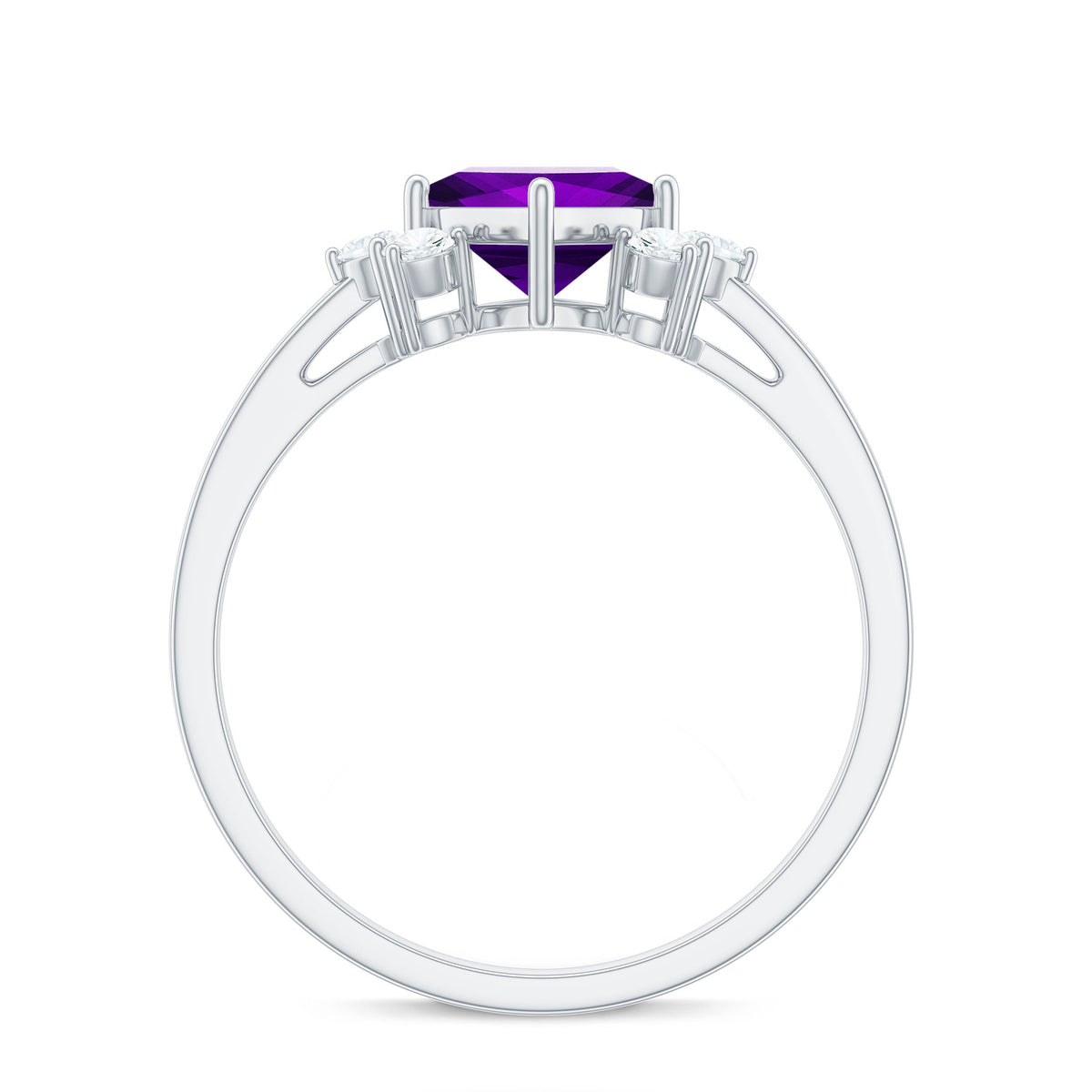 Princess cut amethyst promise ring with diamond trio from Rosec Jewels, showcasing the elegant purple gemstone and sparkling side diamonds.