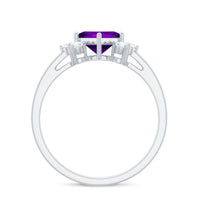 Princess cut amethyst promise ring with diamond trio from Rosec Jewels, showcasing the elegant purple gemstone and sparkling side diamonds.