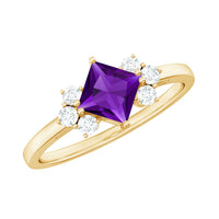 Princess cut amethyst promise ring with diamond trio from Rosec Jewels, featuring a central purple gemstone and three small side diamonds.