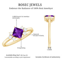 Princess cut amethyst promise ring with diamond trio by Rosec Jewels, featuring a central purple amethyst and three small diamonds.