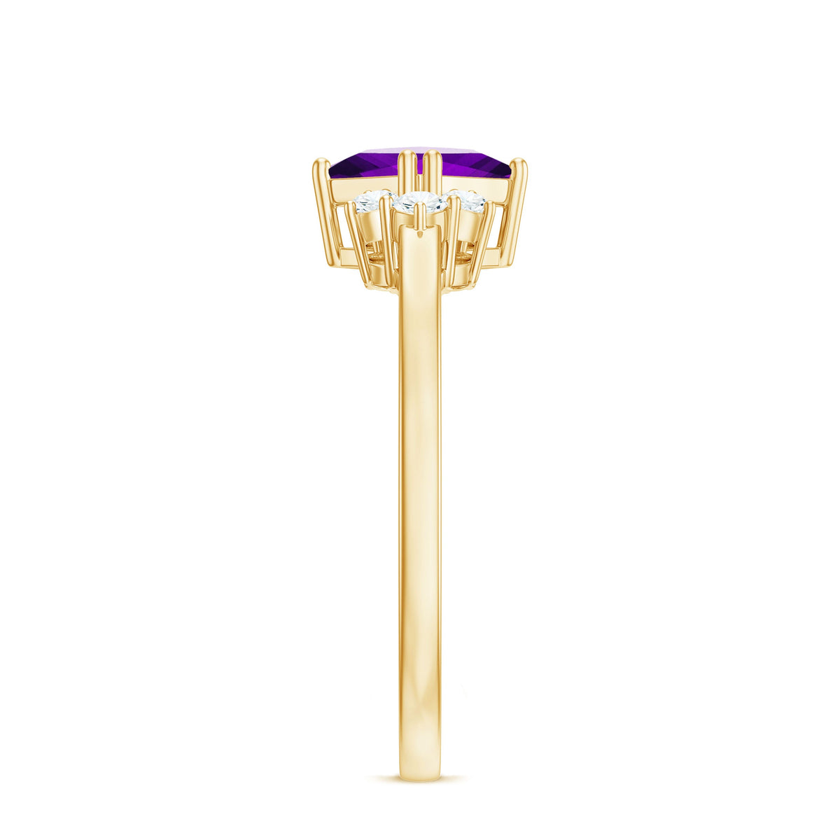 Princess cut amethyst promise ring with diamond trio setting by Rosec Jewels, showcasing the elegant gemstone and sparkling accents.