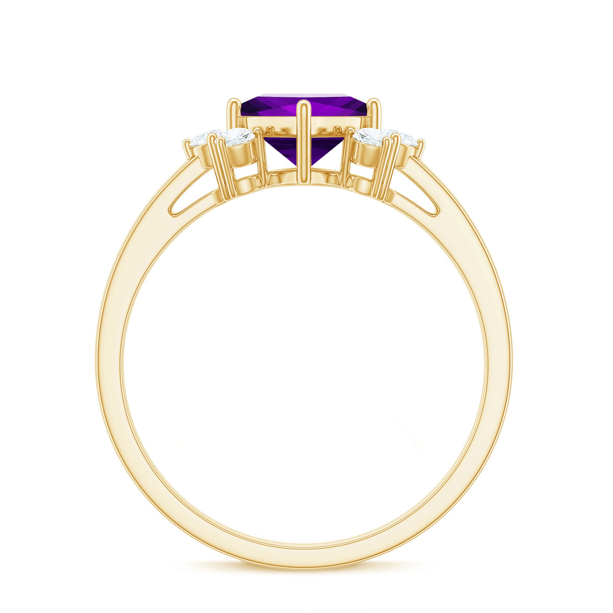 Rosec Jewels princess cut amethyst promise ring with diamond trio, showcasing a stunning purple gemstone and sparkling accents.