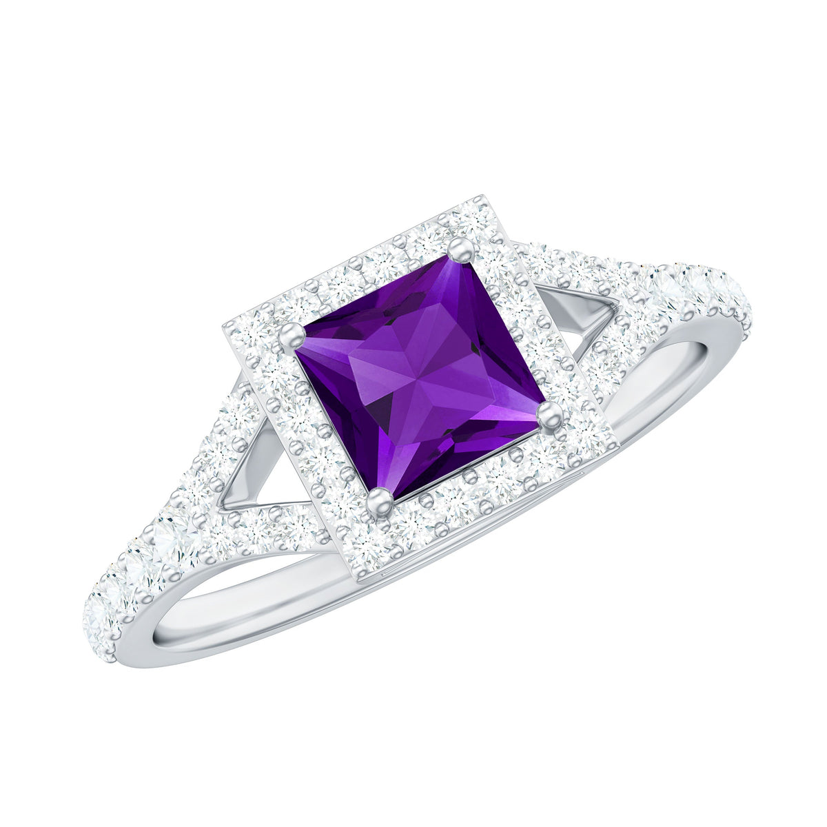 Rosec Jewels 1.2 carat amethyst princess cut engagement ring with moissanite split shank and intricate band design.
