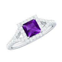 Rosec Jewels 1.2 carat amethyst princess cut engagement ring with moissanite split shank and intricate band design.