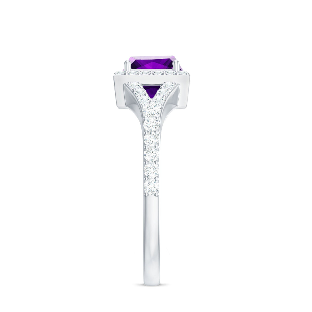 Rosec Jewels 1.2 carat amethyst princess cut engagement ring with moissanite split shank, showcasing a sparkling purple gemstone and elegant design.