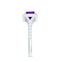 Rosec Jewels 1.2 carat amethyst princess cut engagement ring with moissanite split shank, showcasing a sparkling purple gemstone and elegant design.