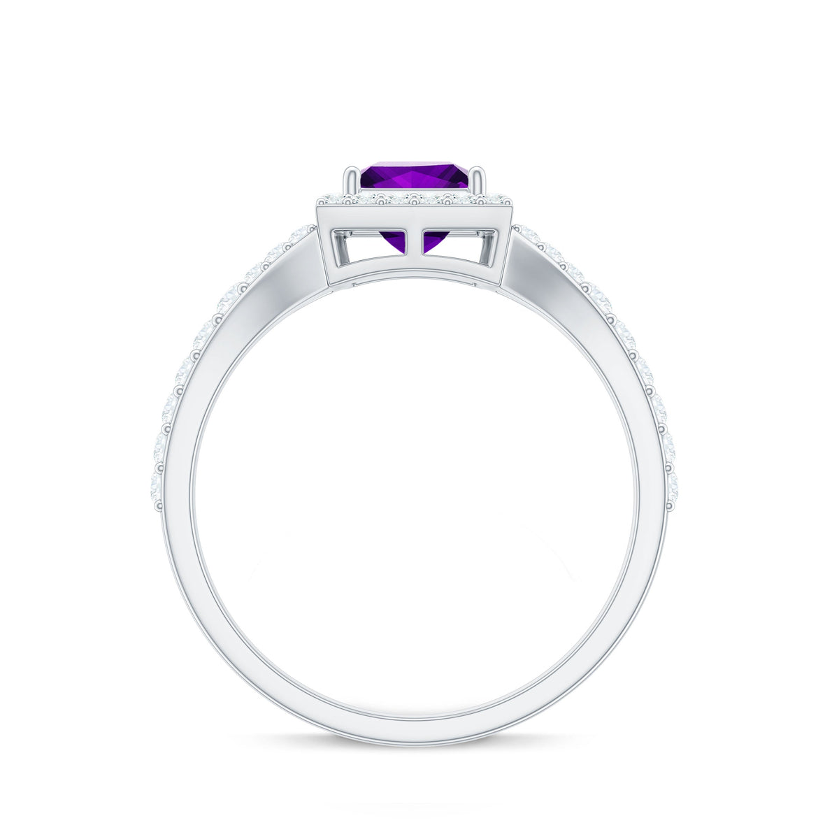 Rosec Jewels 1.2 carat amethyst princess cut engagement ring with moissanite split shank and intricate band design.