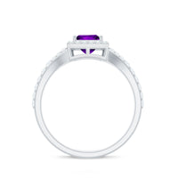 Rosec Jewels 1.2 carat amethyst princess cut engagement ring with moissanite split shank and intricate band design.