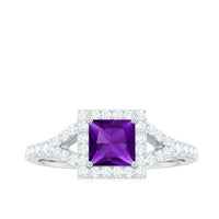 Elegant 1.2 carat amethyst princess cut engagement ring with moissanite split shank by Rosec Jewels, showcasing a sparkling purple gemstone.