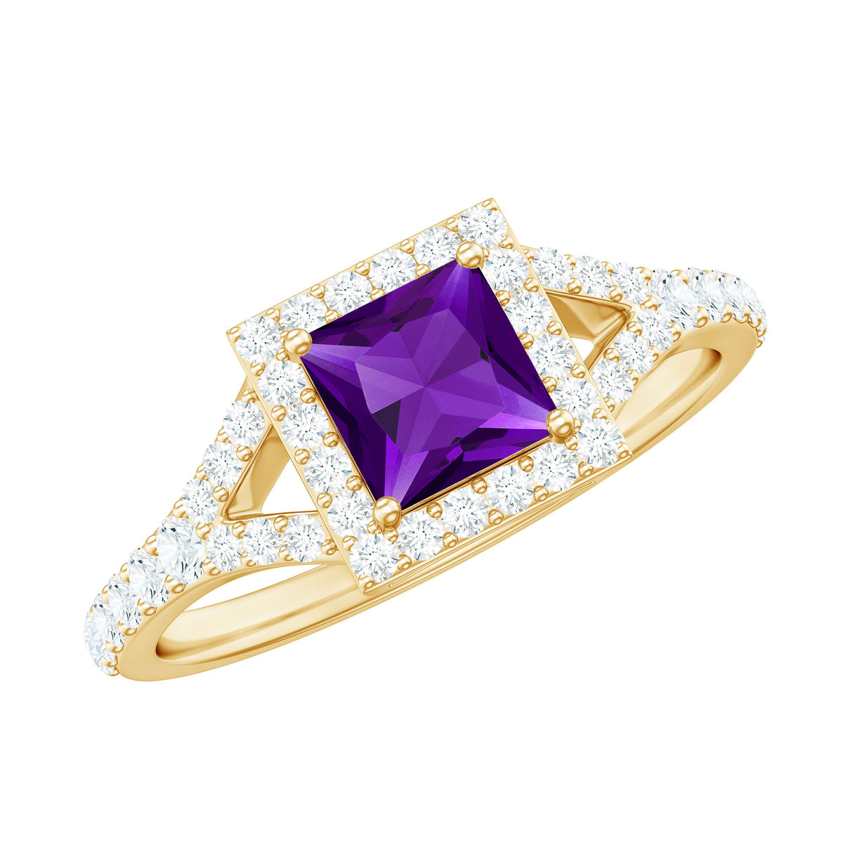 Rosec Jewels 1.2 Carat Amethyst princess cut engagement ring with moissanite split shank, showcasing a stunning violet gemstone and elegant band.