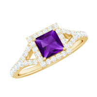 Rosec Jewels 1.2 Carat Amethyst princess cut engagement ring with moissanite split shank, showcasing a stunning violet gemstone and elegant band.