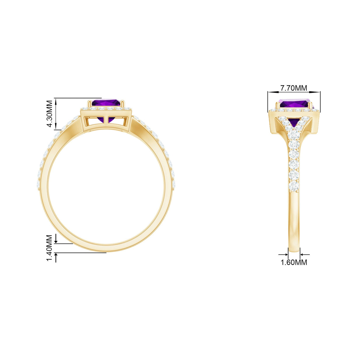 1.2 carat amethyst princess cut engagement ring with moissanite split shank by Rosec Jewels, showcasing a sparkling purple gemstone and elegant band.