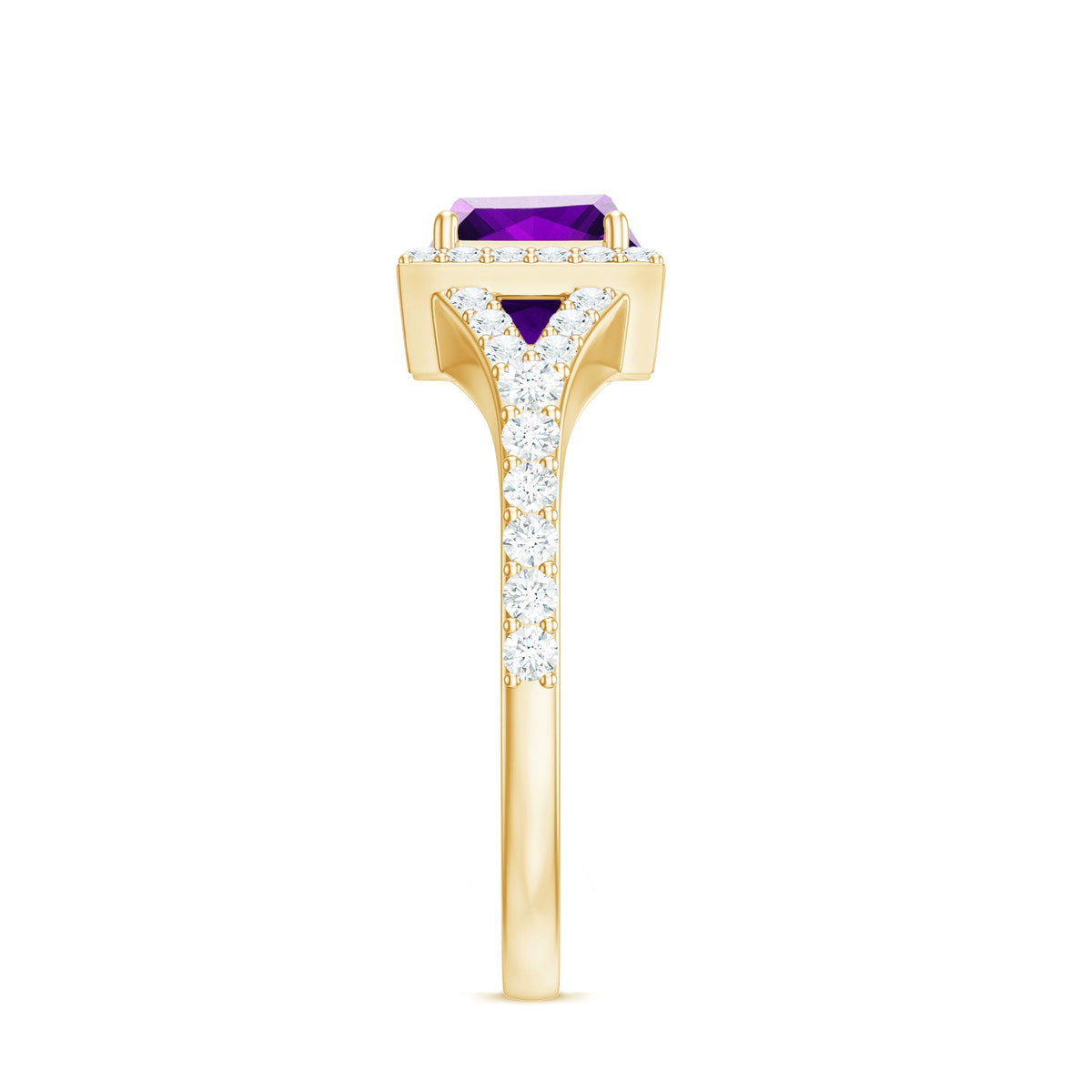 Rosec Jewels 1.2 Carat amethyst princess cut engagement ring with moissanite split shank, showcasing elegant purple gemstone and intricate band.