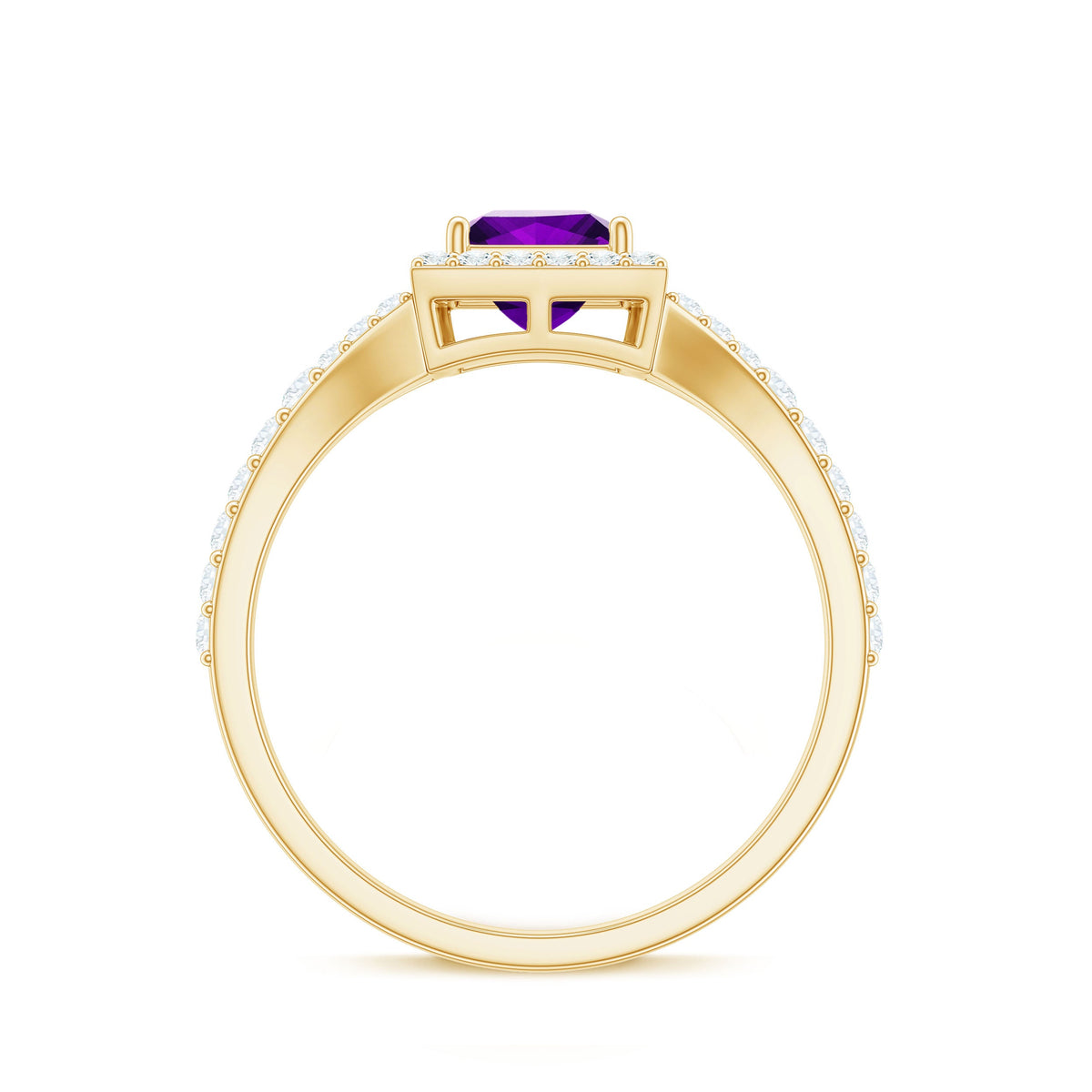 Rosec Jewels 1.2 carat amethyst princess cut engagement ring with moissanite split shank, showcasing sparkling gemstones and elegant design.