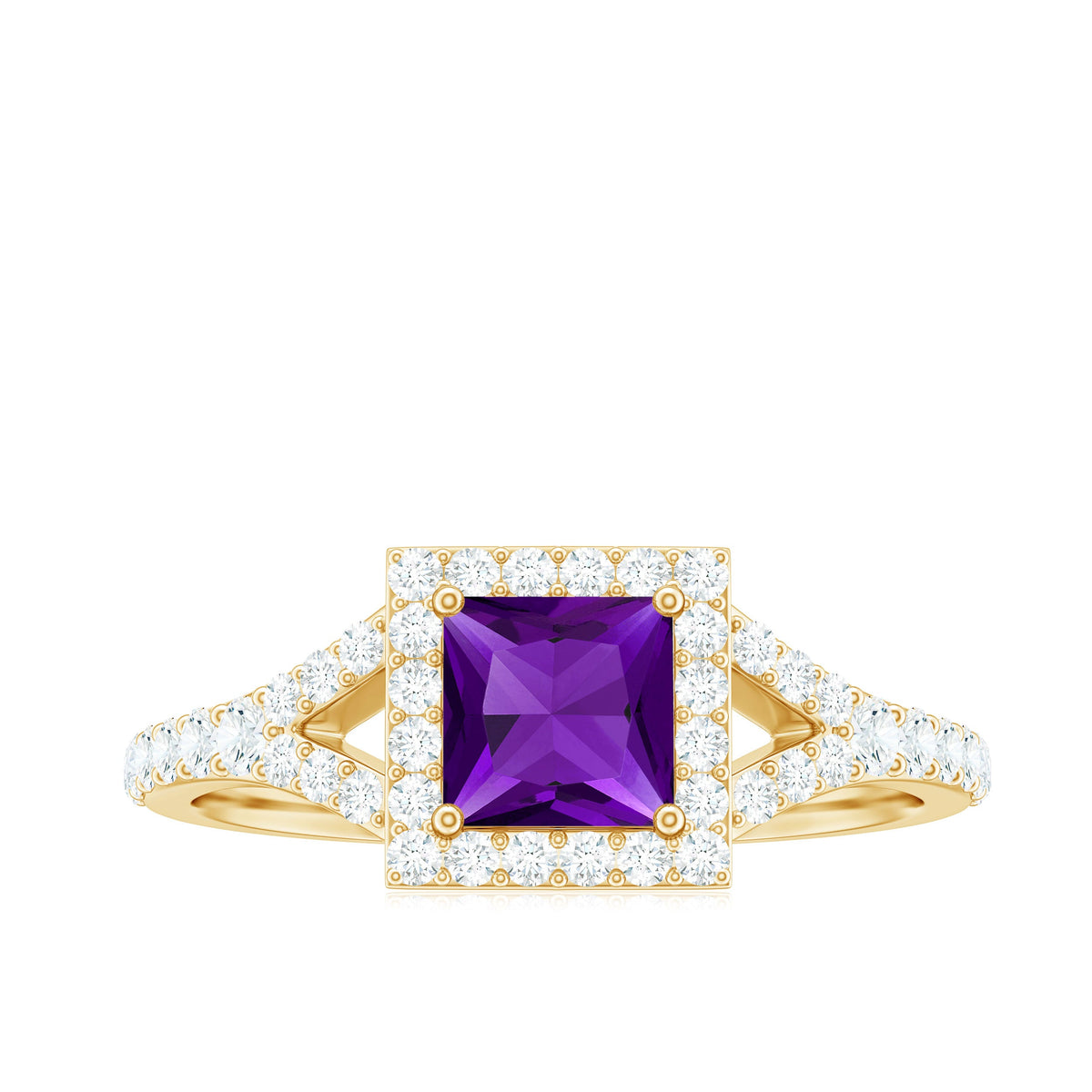 Rosec Jewels 1.2 Carat Amethyst princess cut engagement ring with moissanite split shank and sterling silver band.