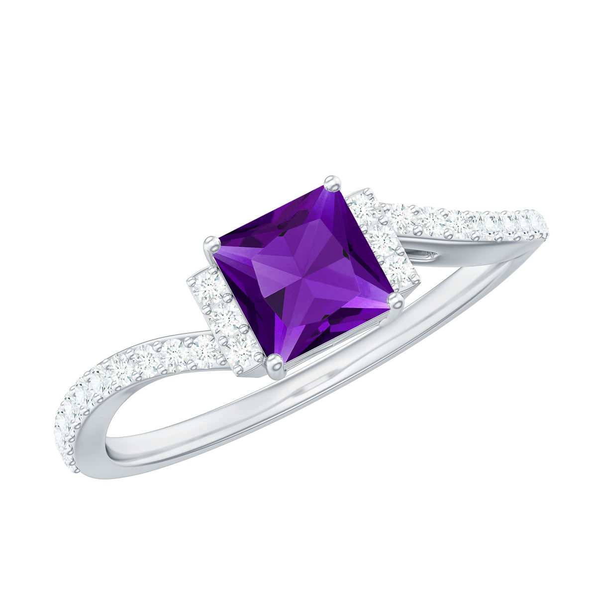 Real 1.2 carat amethyst princess cut engagement ring with diamond bypass shank by Rosec Jewels, featuring a prominent purple gemstone.