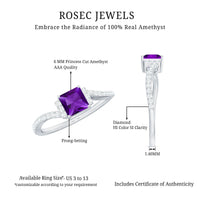Real 1.2 Carat Amethyst princess cut engagement ring with diamond bypass shank, showcasing a stunning purple gemstone and intricate band design.