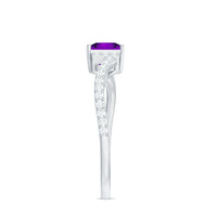 Real 1.2 carat amethyst princess cut engagement ring with diamond bypass shank by Rosec Jewels, showcasing the detailed design.