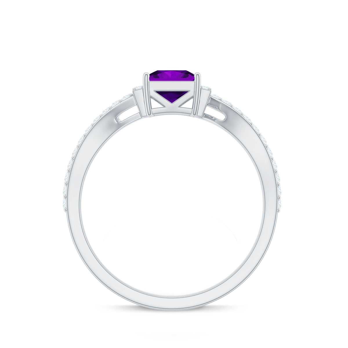 Real 1.2 carat amethyst princess cut engagement ring with diamond bypass shank from Rosec Jewels, showcasing the elegant ring design.