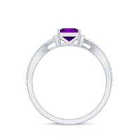 Real 1.2 carat amethyst princess cut engagement ring with diamond bypass shank from Rosec Jewels, showcasing the elegant ring design.