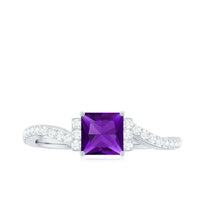 Real 1.2 carat amethyst princess cut engagement ring with diamond bypass shank by Rosec Jewels, showcasing the elegant gemstone and intricate band.