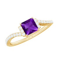 Real 1.2 Carat Amethyst princess cut engagement ring with diamond bypass shank by Rosec Jewels, featuring a central amethyst gemstone.