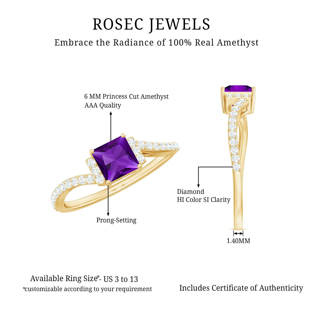 Real 1.2 Carat Amethyst princess cut engagement ring with diamond bypass shank by Rosec Jewels, featuring a purple gemstone and elegant band.