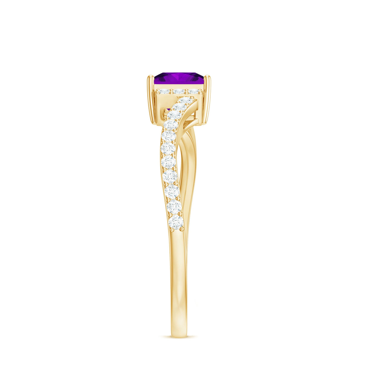 Real 1.2 Carat Amethyst princess cut engagement ring with diamond bypass shank, featuring a silver band and intricate design.
