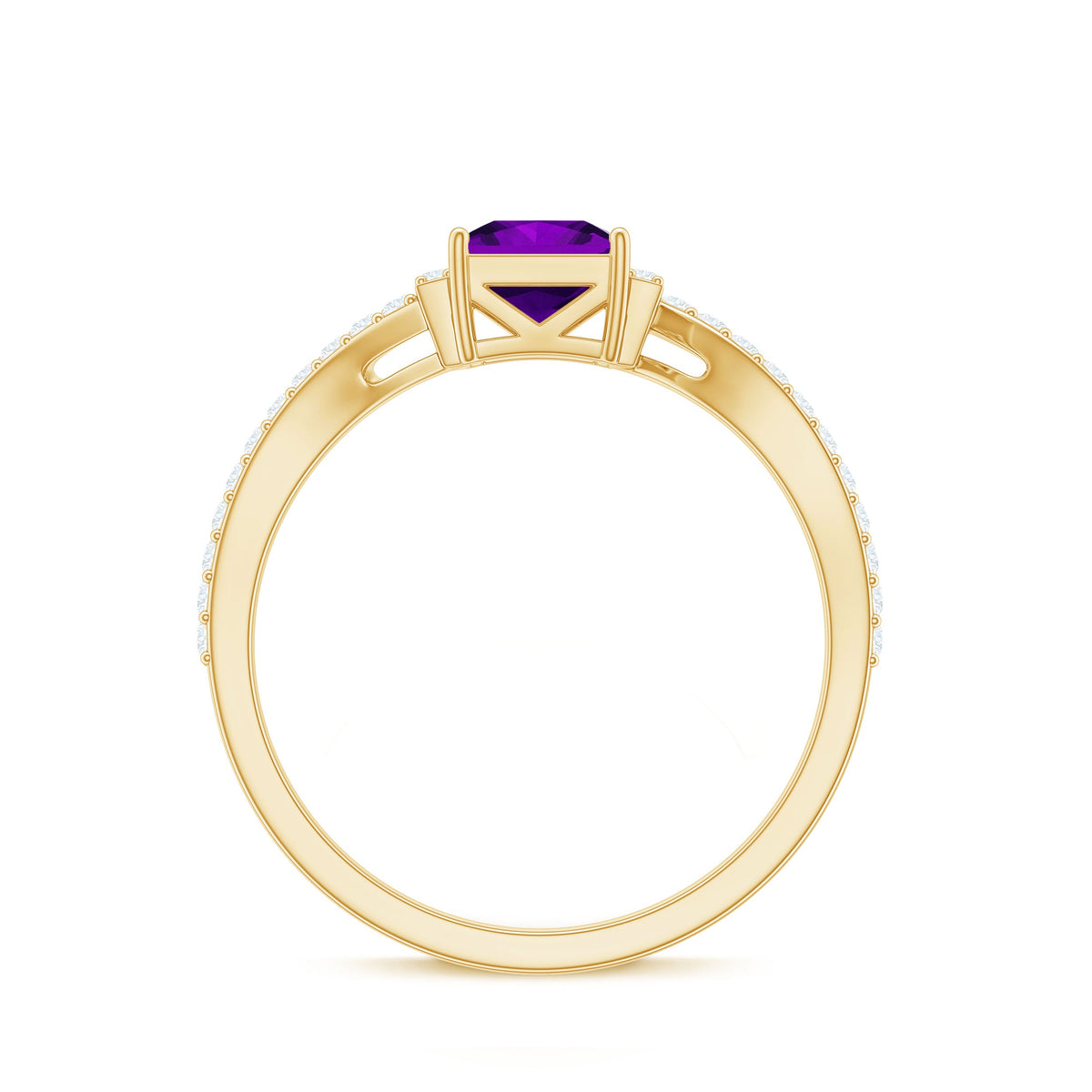 Real 1.2 carat amethyst princess cut engagement ring with diamond bypass shank by Rosec Jewels, showcasing the elegant gemstone and band detail.