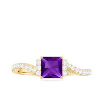 Rosec Jewels 1.2 carat amethyst princess cut engagement ring with diamond bypass shank, showcasing a sparkling purple gemstone and intricate band