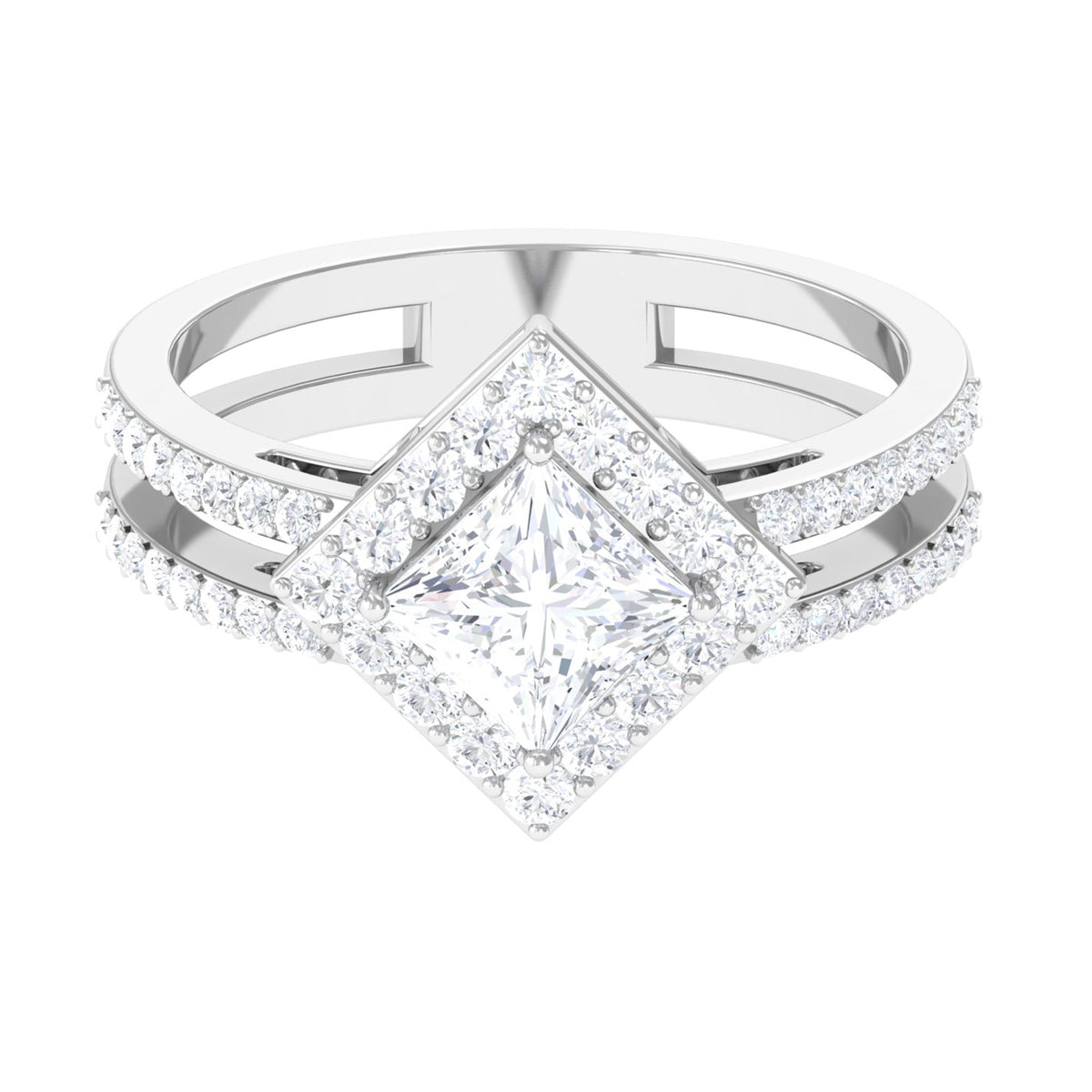 Rosec Jewels 2.50 CT princess cut zircon double engagement band ring with sparkling stones and polished silver finish.