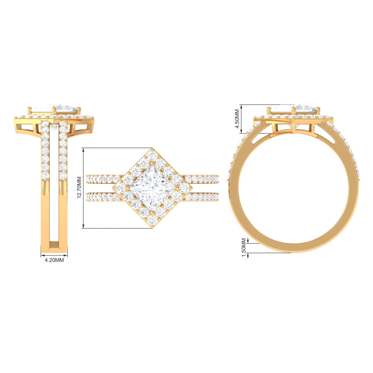 Rosec Jewels 2.50 CT princess cut zircon double engagement band ring with sparkling stones on a silver-colored band.